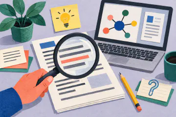 Illustration of a magnifying glass examining a document beside an abstract AI diagram.
