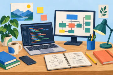 Illustration of a software workspace with code blocks and a system diagram.